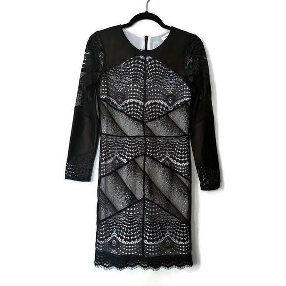 Sandro Black and Ivory Lace Long Sleeve Mini Dress, 2 - Picture 1 of 12